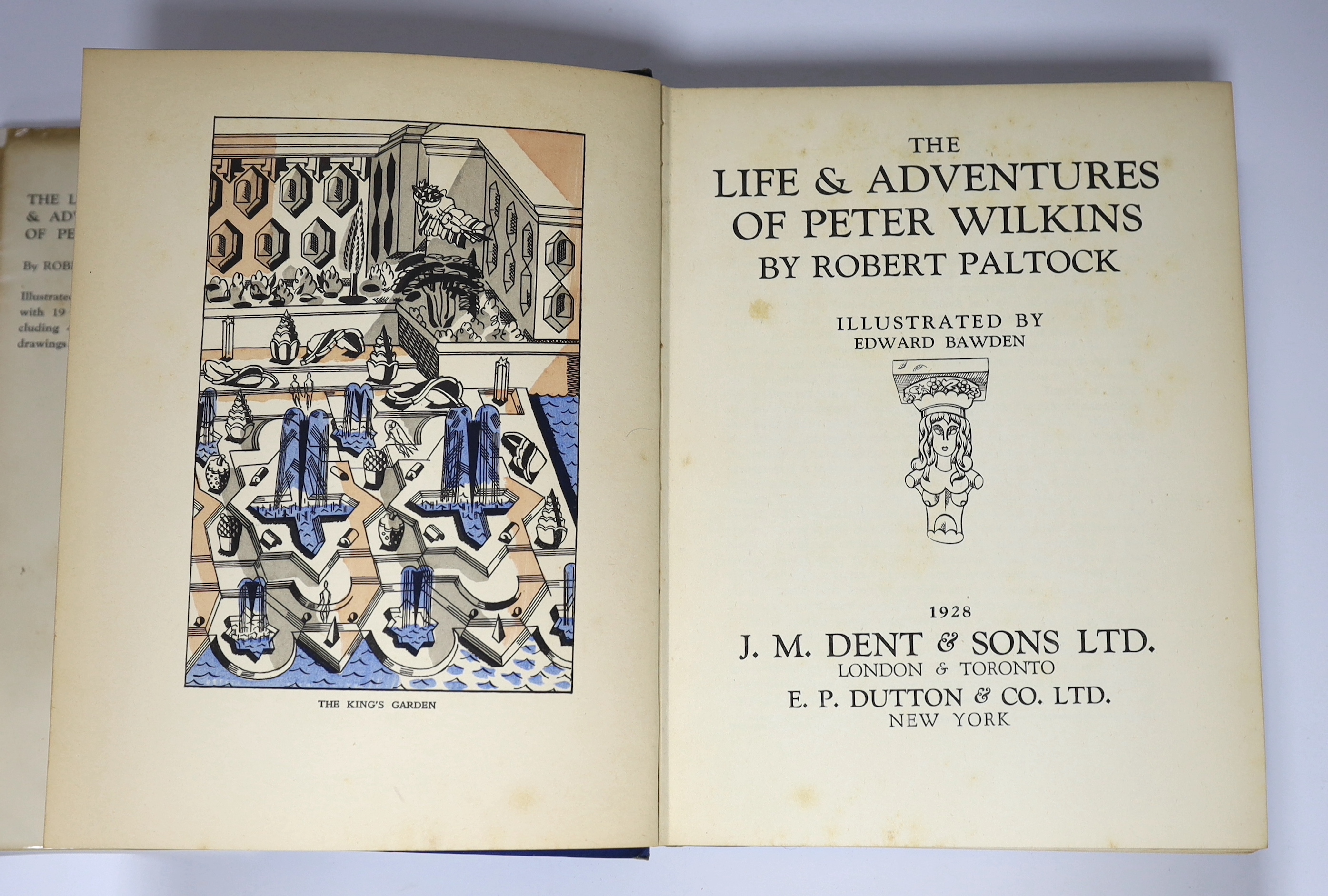 Bawden, Edward first book as illustrator - Paltock, Peter - The Life and Adventures of Peter Wilkins, 4to, blue cloth gilt in a torn d/j, with loss, with 19 coloured stencil illustrations, 5 being full page, 4 double-pag